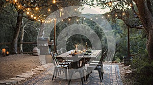 An outdoor dining area with a salvaged wooden table surrounded by metal chairs softened by string lights and a rugged