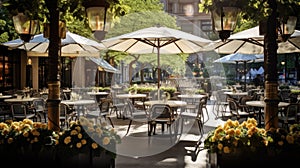 An outdoor dining area with tables and umbrellas, AI