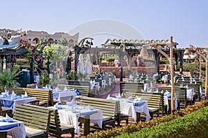 Outdoor dining area at a tropical hotel