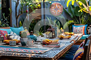 Outdoor dining area with vibrant colorful cushions and chairs. Generative AI