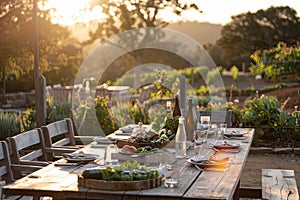 An outdoor dining experience at a rustic wooden table set with salads, surrounded by a lush garden as the sun sets in the
