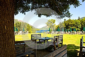 Outdoor dining by lake