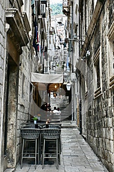 Outdoor Dining in a Narrow Alley in Old Town Dubrovnik, Croatia