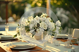 Outdoor dining scene with white tablecloth, flowers, pool, wooden deck. Serene atmosphere, perfect for festive banquet special photo