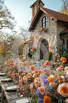 Outdoor dining setup with floral centerpiece on a rustic table., Generated AI