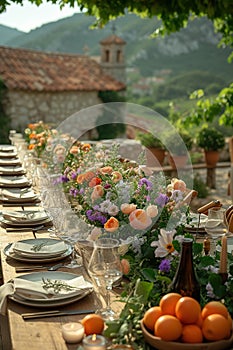 Outdoor dining setup with floral centerpiece on a rustic table., Generated AI