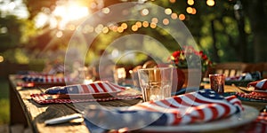 Outdoor dining table set for a patriotic American event.