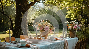 Outdoor dining table setup with rustic bouquets in a garden setting