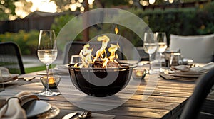 An outdoor dinner party is made even more special with the addition of a cozy fire pit in the center of the table. 2d