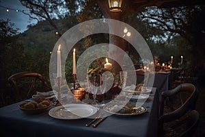 outdoor dinnertime scene with candlelight, fine china, and elegant table setting
