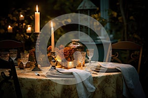 outdoor dinnertime scene with candlelight, fine china, and elegant table setting