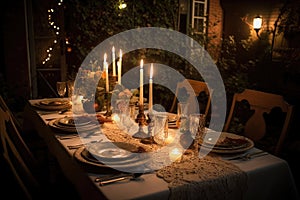 outdoor dinnertime scene with candlelight, fine china, and elegant table setting