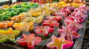 An outdoor drying rack filled with colorful slices of starfruit a popular tropical fruit that is perfect for dehydrating