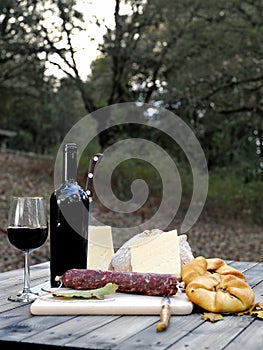 Outdoor eating with bread, cheese, sausage and red wine.