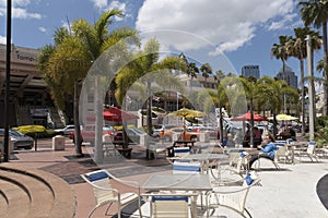 Outdoor eating and drinking area of a cafe