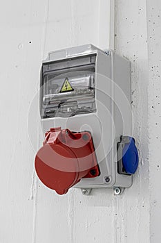 Outdoor Electrical Box with Single and Three Phase Current Electrical Appliances and Power Outlets. Three phase connectors. In a