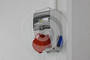 Outdoor Electrical Box with Single and Three Phase Current Electrical Appliances and Power Outlets. Three phase connectors. In a