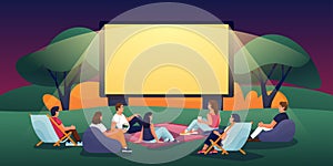 Outdoor evening cinema in summer park. Vector flat cartoon illustration. People watching movie in open-air cinema