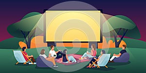 Outdoor evening cinema in summer park. Vector flat cartoon illustration. People watching movie in open-air cinema photo