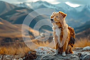 Outdoor exploration Adorable dog ventures into stunning mountain landscape