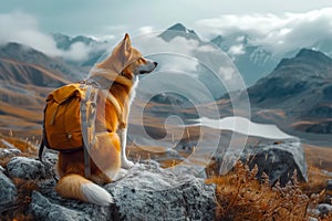 Outdoor exploration Adorable dog ventures into stunning mountain landscape