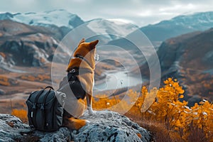 Outdoor exploration Adorable dog ventures into stunning mountain landscape