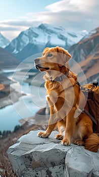 Outdoor exploration Adorable dog ventures into stunning mountain landscape