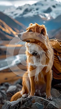 Outdoor exploration Adorable dog ventures into stunning mountain landscape