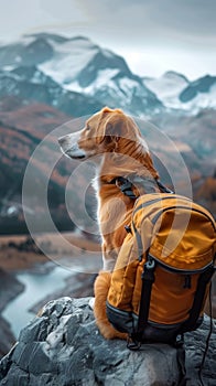 Outdoor exploration Adorable dog ventures into stunning mountain landscape