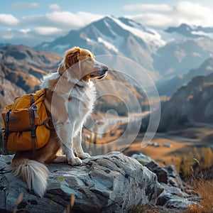 Outdoor exploration Adorable dog ventures into stunning mountain landscape