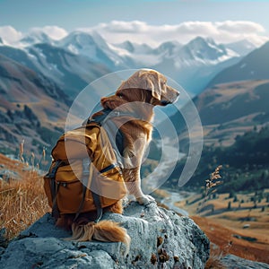 Outdoor exploration Adorable dog ventures into stunning mountain landscape