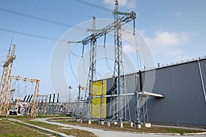 The outdoor extra high voltage power transformer. A high-voltage power electrical substation