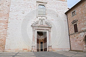 The outdoor facade of Spello Santa Maria Maggiore cathedral, Umbria.