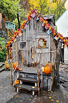 Outdoor Fall Themed Decorative Wood Hut in Quebec City, Canada