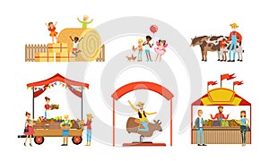 Outdoor farmer market with fair booths set. Farmers selling fresh organic farm products vector illustration