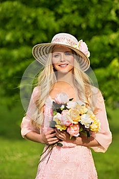 Outdoor Fashion Model Portrait, Young Woman Summer Hat Flowers photo