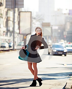 Outdoor fashion portrait of glamour sensual young stylish lady wearing trendy fall outfit , black hat