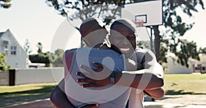 Outdoor, father and son with hug after game or fitness, playing and memory in nature. Sports, exercise and happiness of