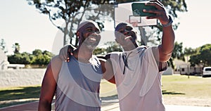 Outdoor, father and son with selfie in basketball court after fitness, playing and memory in nature. Sports, exercise