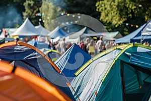 outdoor festival tents with crowds mingling in the background