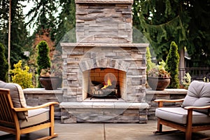 an outdoor fireplace on a stone patio
