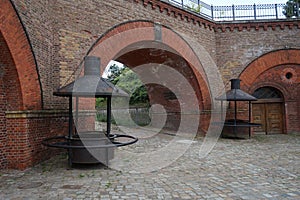 Outdoor fireplaces near the entrance to Bastion Queen in the Spandau Citadel. Berlin, Germany.