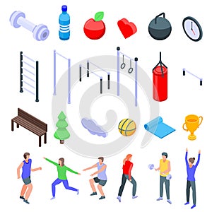 Outdoor fitness icons set, isometric style