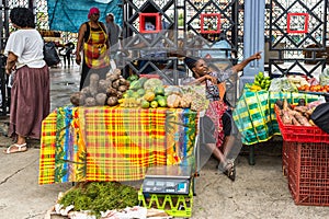 Outdoor  fruit and vegetables market stalls in a local market, Guadeloupe, French West indies, Caribbean Sea