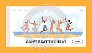 Outdoor Fun, Activity Landing Page Template. Happy Young People Group in Swim Wear Jumping with Hands Up