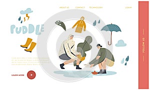 Outdoor Fun Landing Page Template. Happy Characters Playing on Puddles in Wet Rainy Day, Woman and Man Put Paper Boat