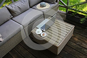Outdoor furniture lounge group with chairs, sofa and table in a patio. Seating on the balcony, is a recreation place