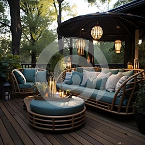 outdoor furniture set with table and seating under an umbrella, sitting on a wooden deck