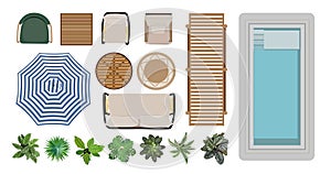 Outdoor furniture top view icons vector set. photo