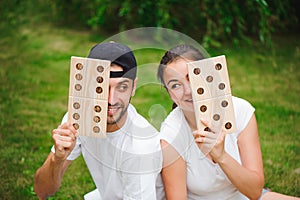 Outdoor games - dominoes, giant outdoor game on green grass